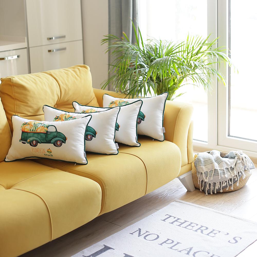 Set of Four 12" X 20" Green And White Fabric Lumbar Throw Pillow Covers-Accent Throw Pillows-DECOROLALA