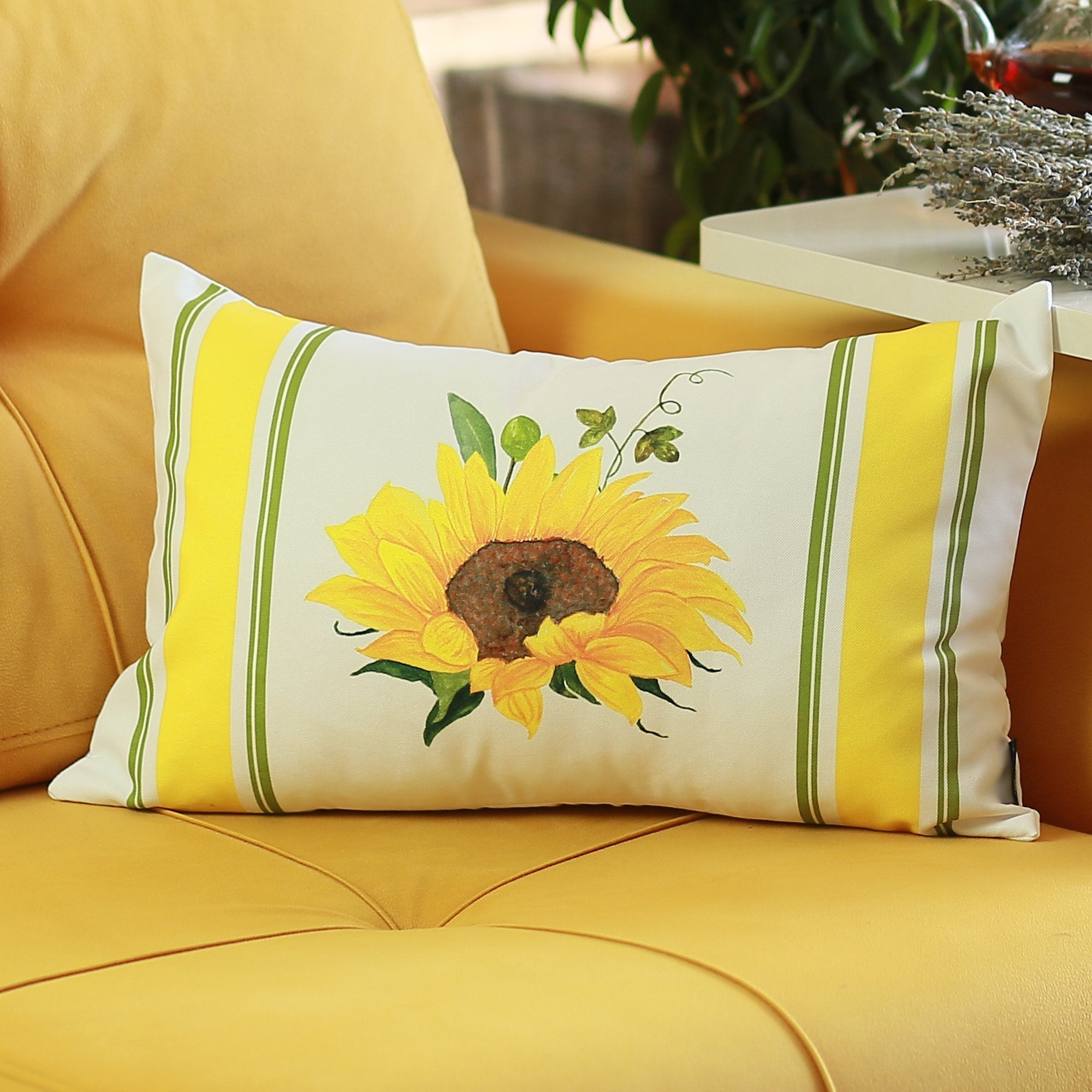 Set of Four 12" X 20" White And Yellow Pumpkin and Sunflowers Floral Fabric Lumbar Throw Pillow Covers-Accent Throw Pillows-DECOROLALA