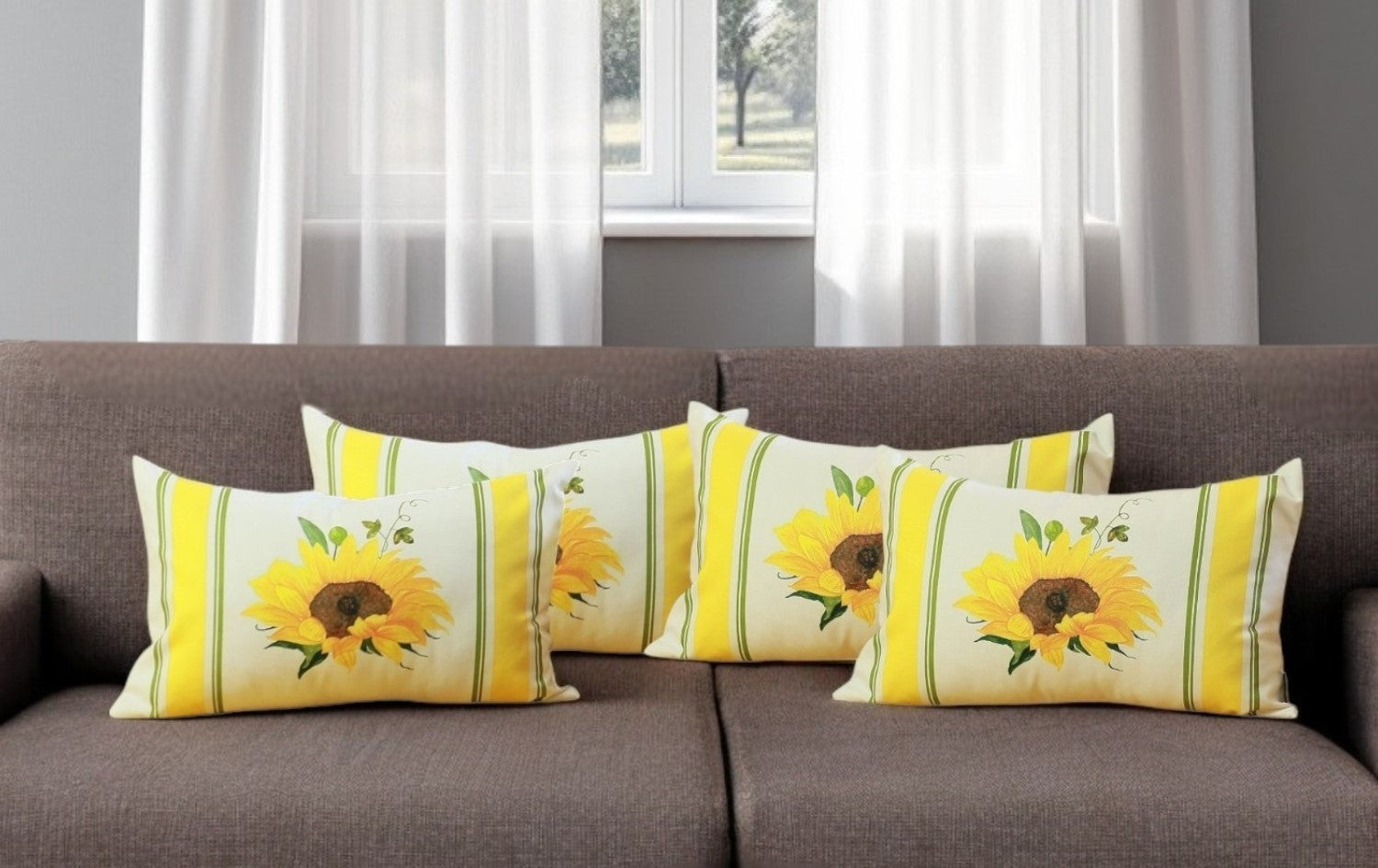 Set of Four 12" X 20" White And Yellow Pumpkin and Sunflowers Floral Fabric Lumbar Throw Pillow Covers-Accent Throw Pillows-DECOROLALA