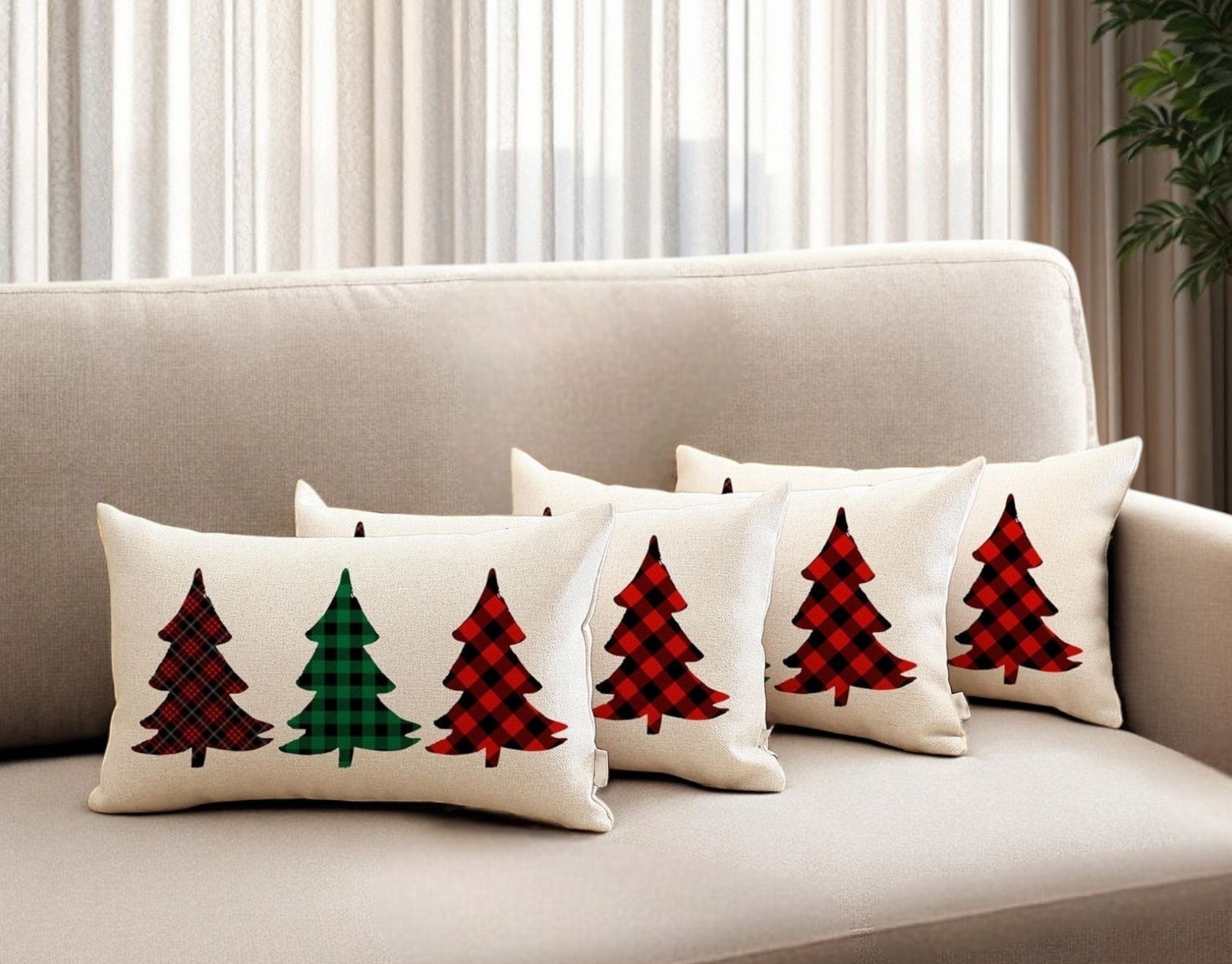 Set of Four 12" X 20" White Red and Green Christmas Trees Plaid Fabric Lumbar Throw Pillows-Accent Throw Pillows-DECOROLALA