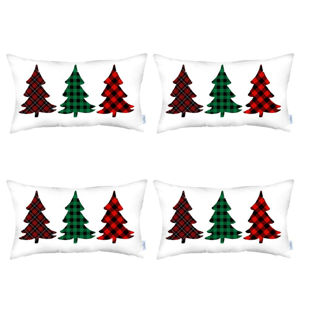 Set of Four 12" X 20" White Red and Green Christmas Trees Plaid Fabric Lumbar Throw Pillows-Accent Throw Pillows-DECOROLALA