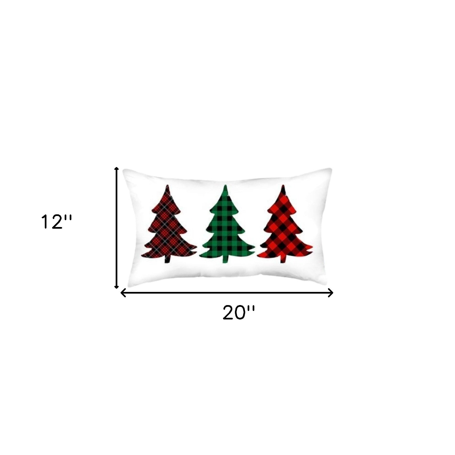 Set of Four 12" X 20" White Red and Green Christmas Trees Plaid Fabric Lumbar Throw Pillows-Accent Throw Pillows-DECOROLALA