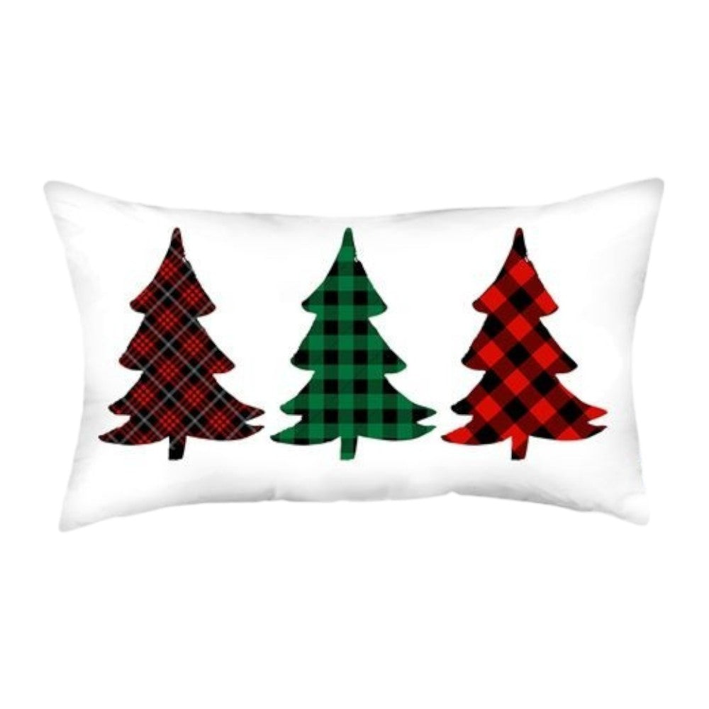 Set of Four 12" X 20" White Red and Green Christmas Trees Plaid Fabric Lumbar Throw Pillows-Accent Throw Pillows-DECOROLALA