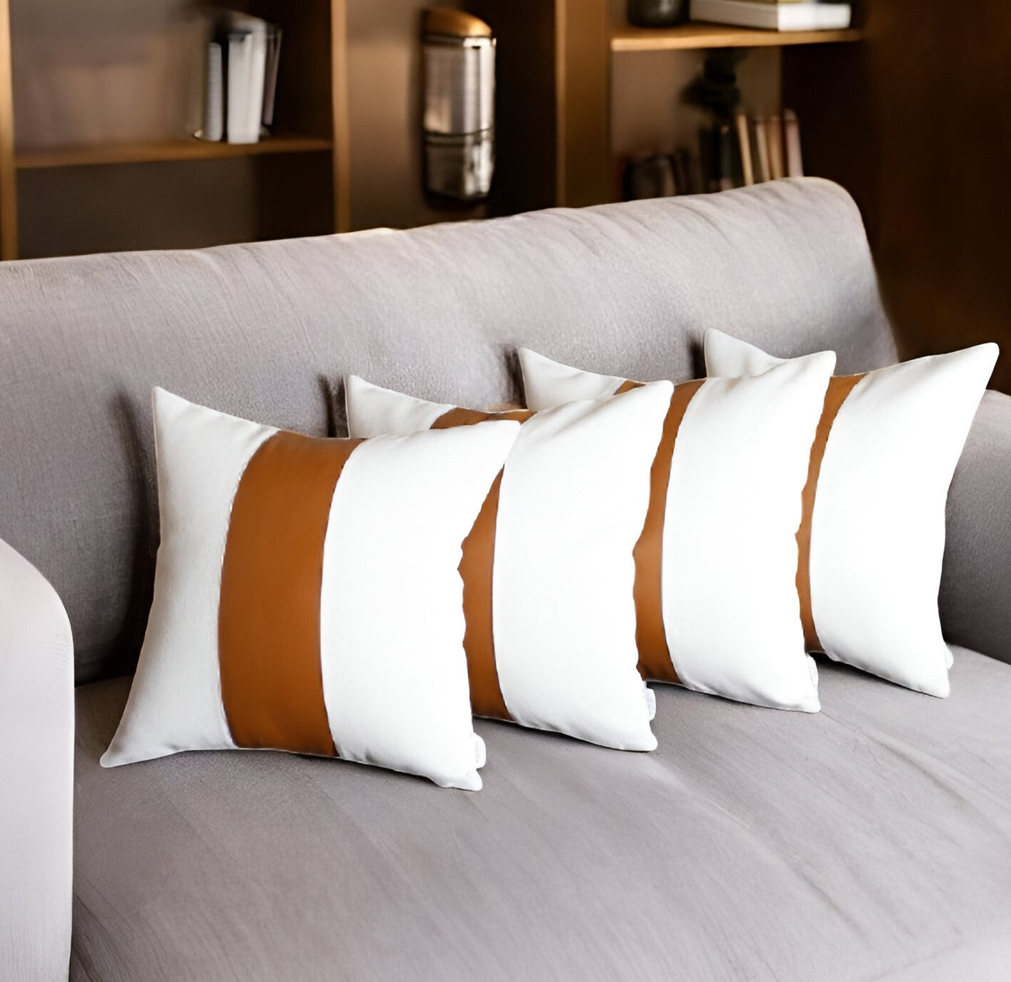 Set of Four 17" Brown And White Faux Leather Throw Pillow Covers-Accent Throw Pillows-DECOROLALA