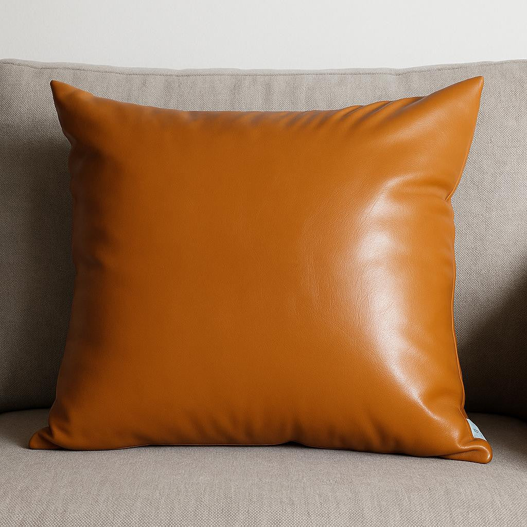 Set of Four 17" Brown Faux Leather Throw Pillows-Accent Throw Pillows-DECOROLALA