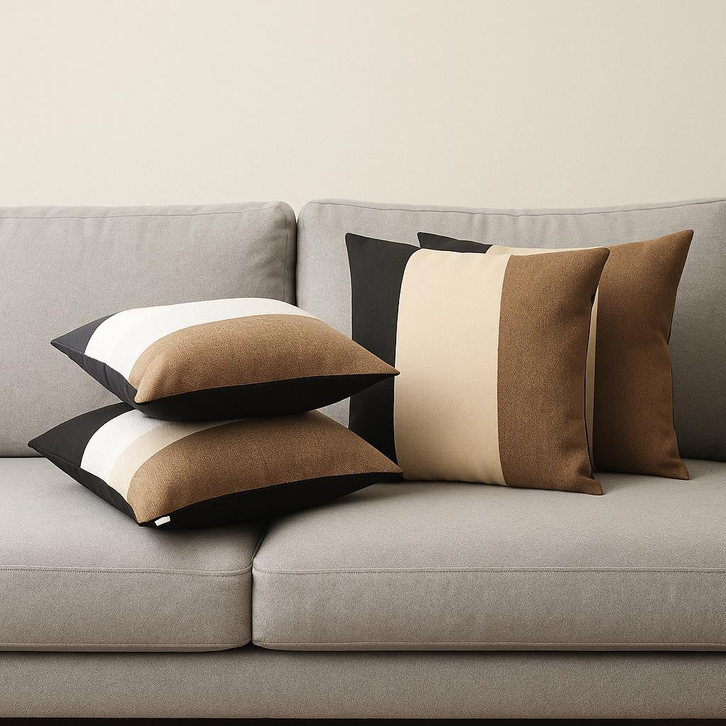 Set of Four 18" Black Ivory And Brown Fabric Throw Pillow Covers-Accent Throw Pillows-DECOROLALA