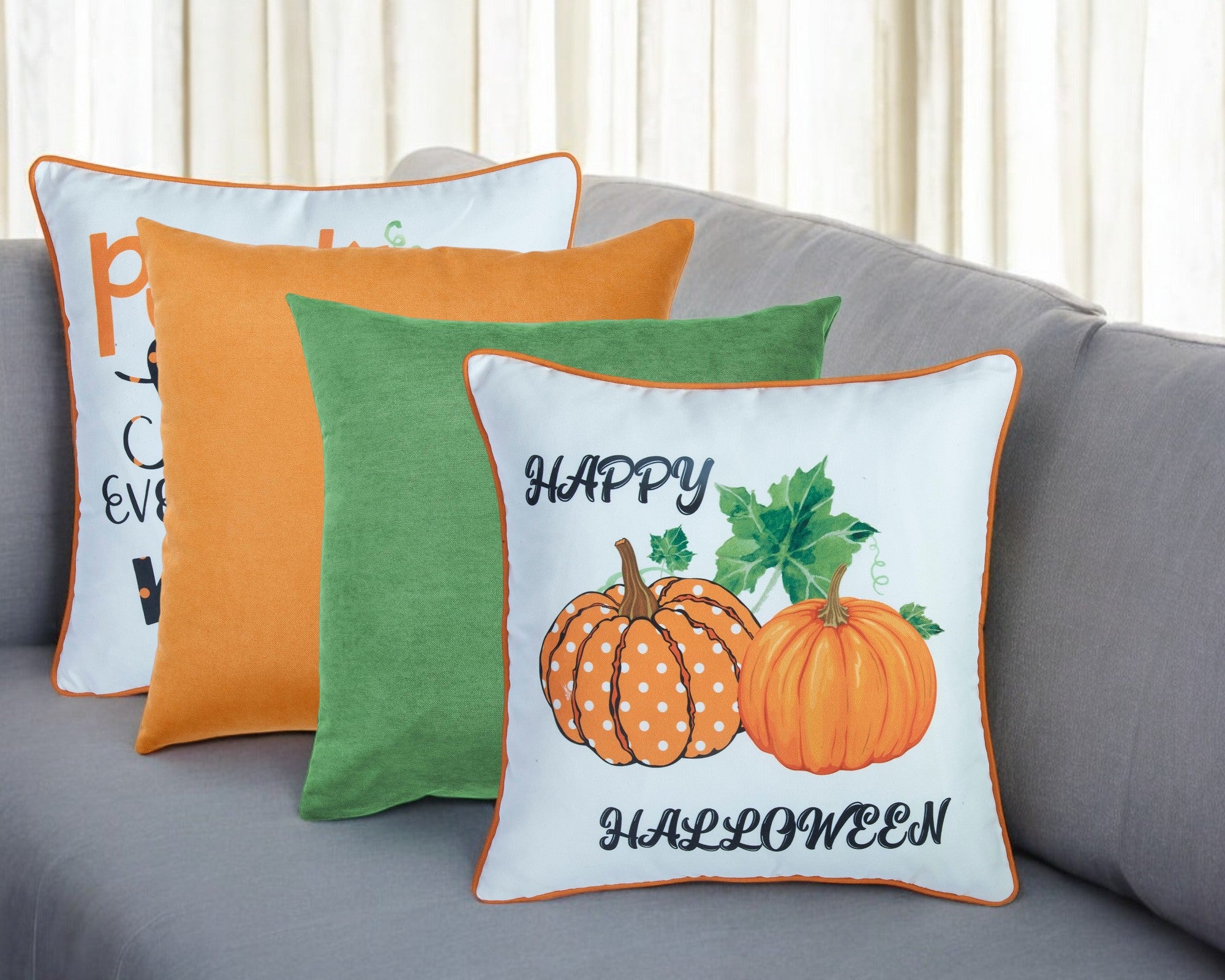 Set of Four 18" Black Orange And White Halloween Pumpkin Text Fabric Throw Pillow Covers-Accent Throw Pillows-DECOROLALA