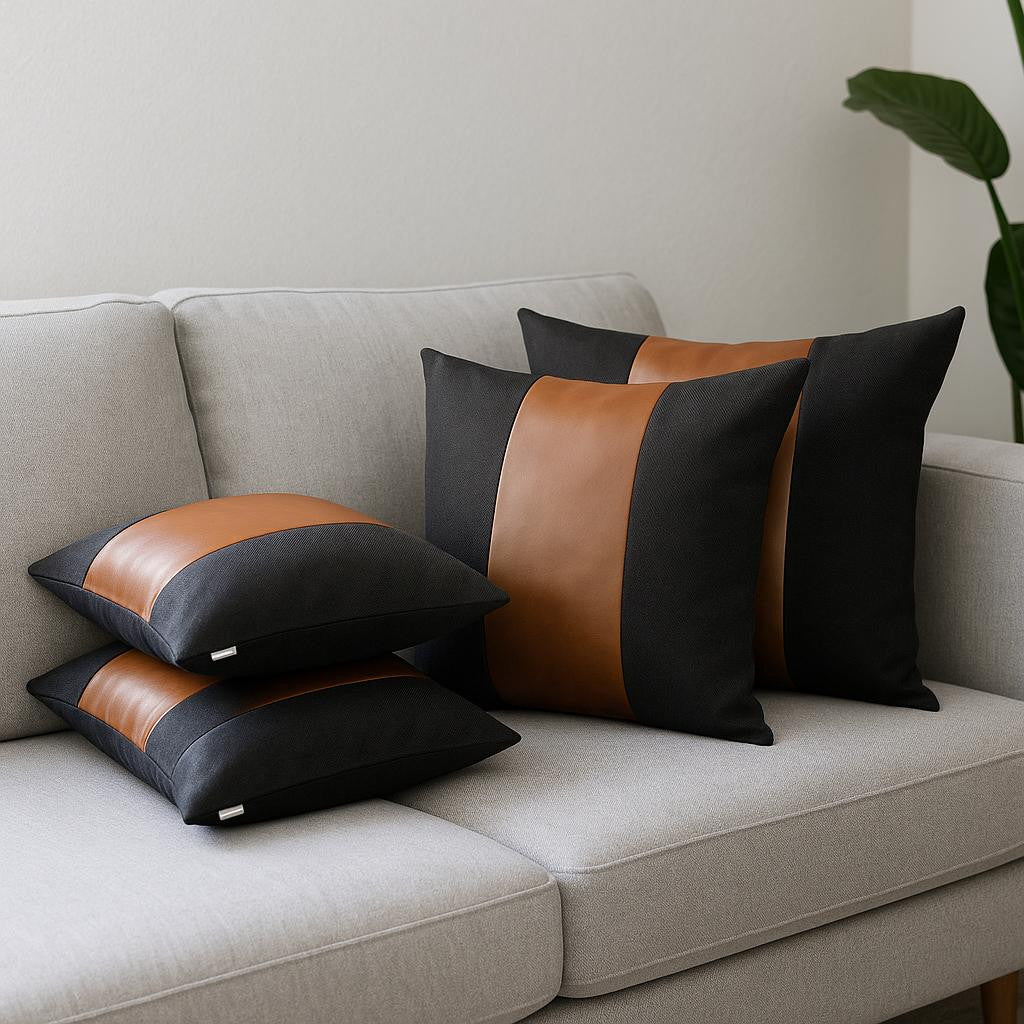 Set of Four 18" Brown And Black Faux Leather And Fabric Throw Pillow Covers-Accent Throw Pillows-DECOROLALA