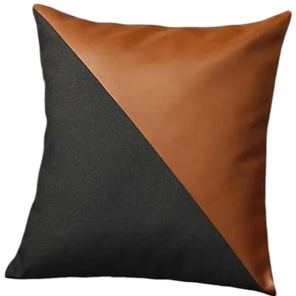 Set of Four 18" Brown And Black Faux Leather And Fabric Throw Pillow Covers-Accent Throw Pillows-DECOROLALA