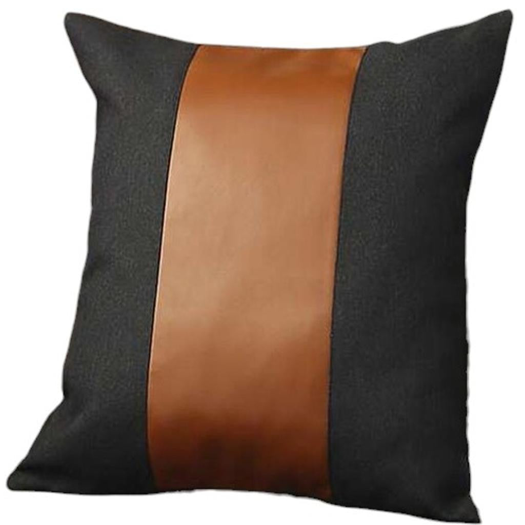 Set of Four 18" Brown And Black Faux Leather And Fabric Throw Pillow Covers-Accent Throw Pillows-DECOROLALA