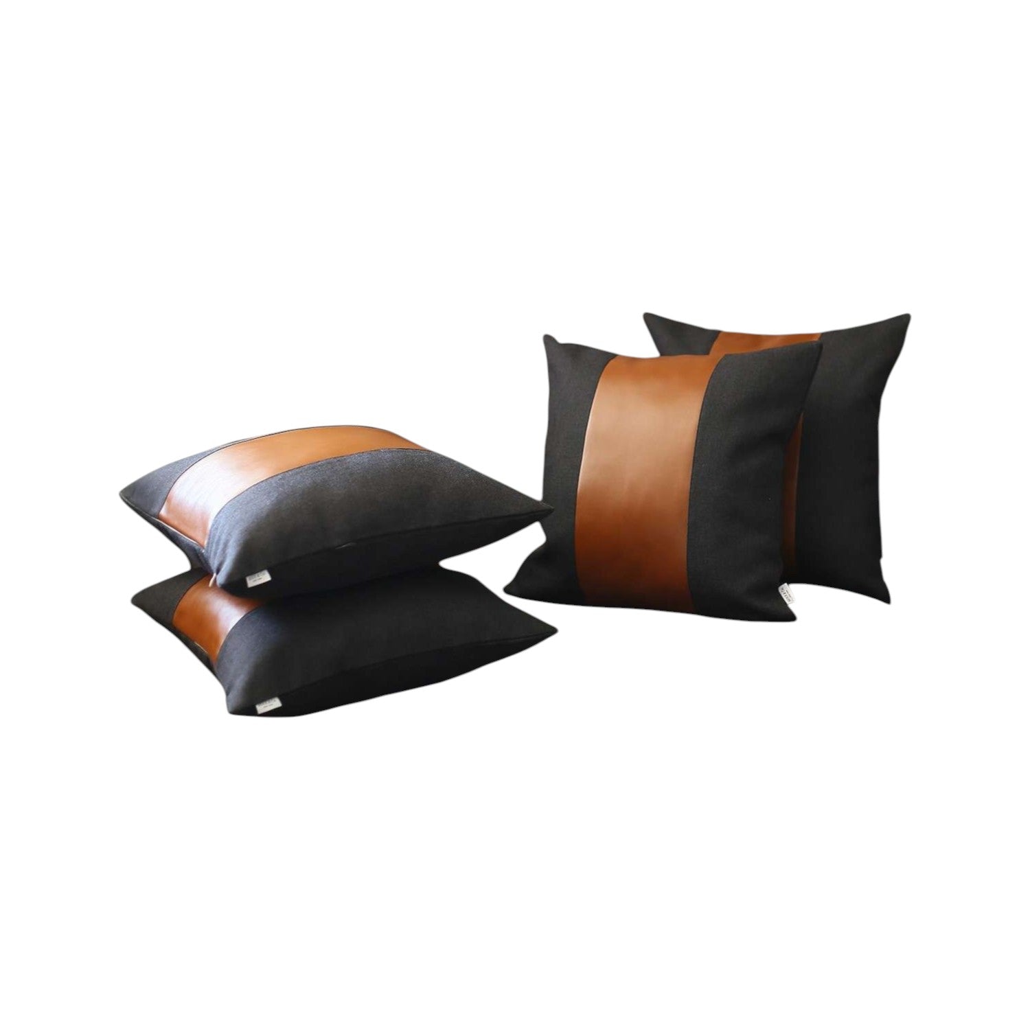 Set of Four 18" Brown And Black Faux Leather And Fabric Throw Pillow Covers-Accent Throw Pillows-DECOROLALA