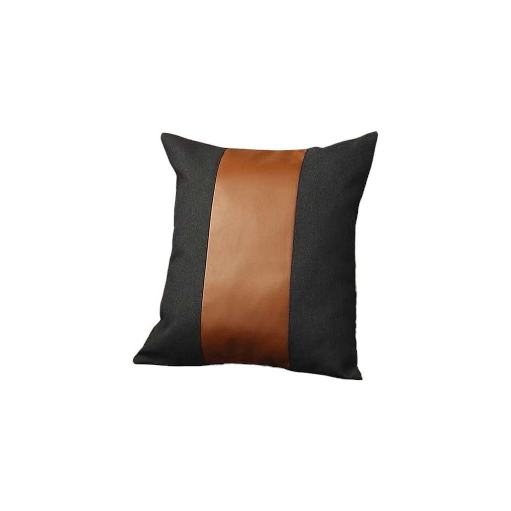 Set of Four 18" Brown And Black Faux Leather And Fabric Throw Pillow Covers-Accent Throw Pillows-DECOROLALA