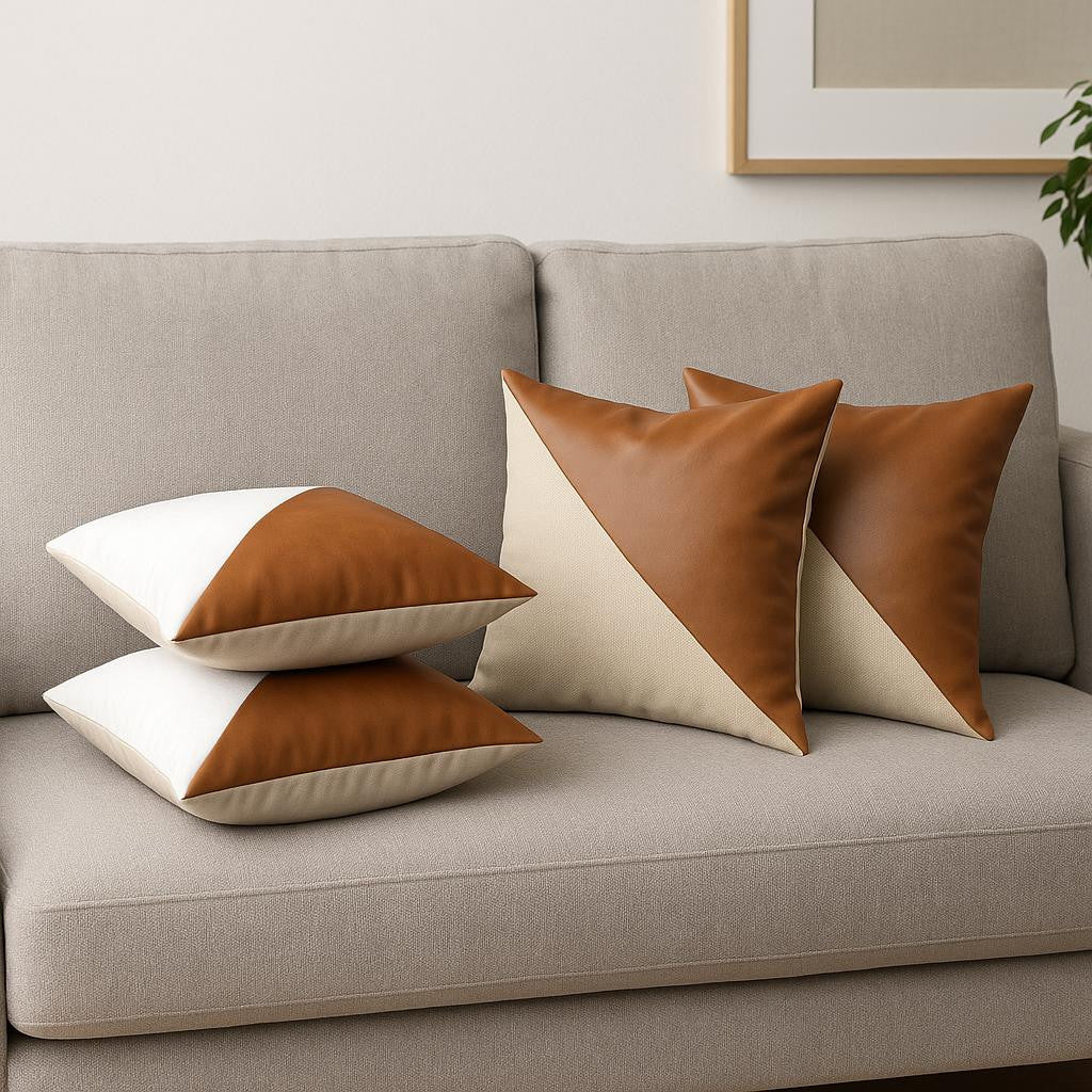 Set of Four 18" Brown And Ivory Faux Leather And Fabric Throw Pillow Covers-Accent Throw Pillows-DECOROLALA