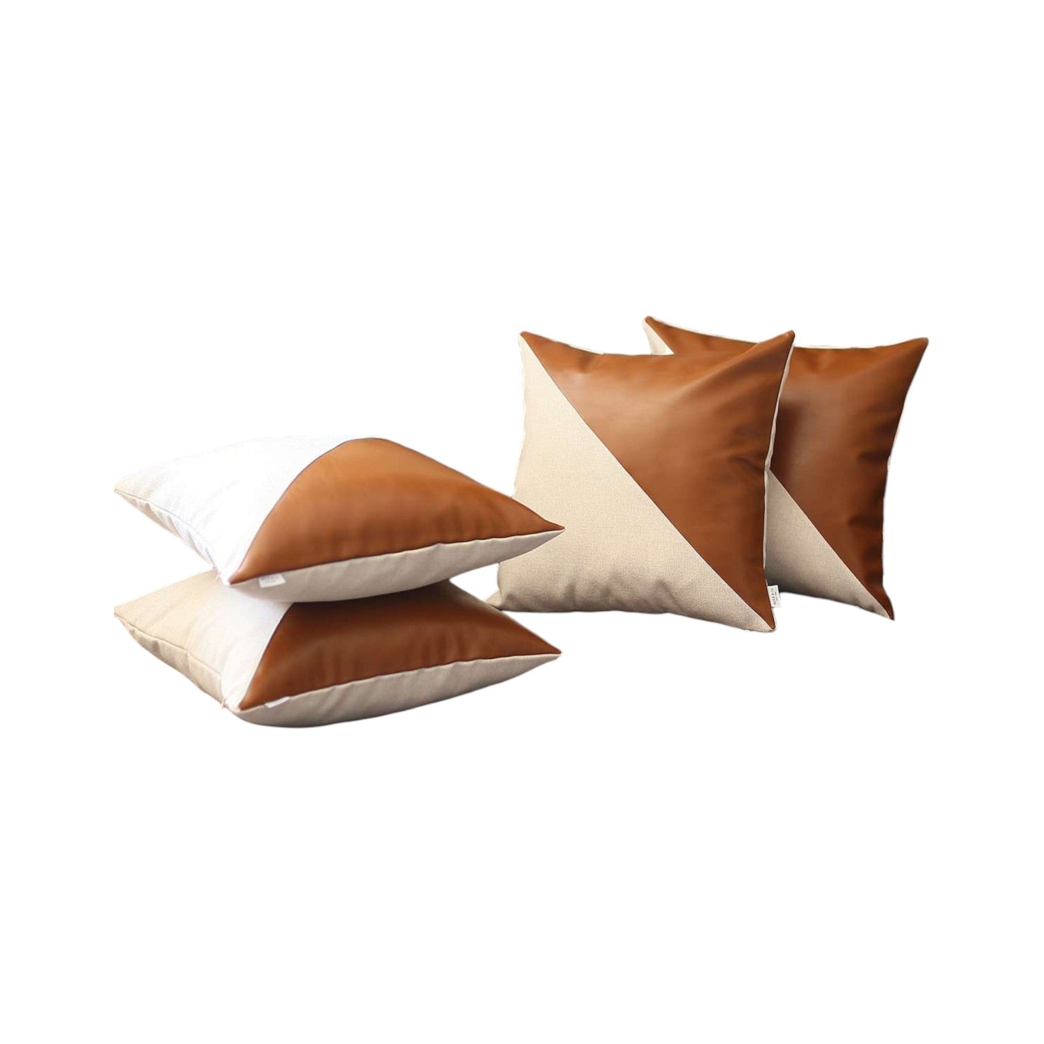 Set of Four 18" Brown And Ivory Faux Leather And Fabric Throw Pillow Covers-Accent Throw Pillows-DECOROLALA