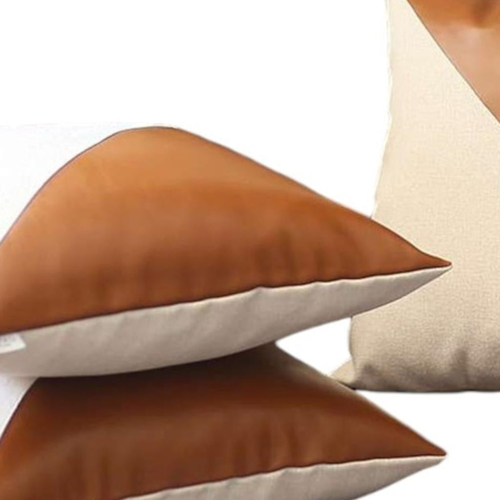 Set of Four 18" Brown And Ivory Faux Leather And Fabric Throw Pillow Covers-Accent Throw Pillows-DECOROLALA