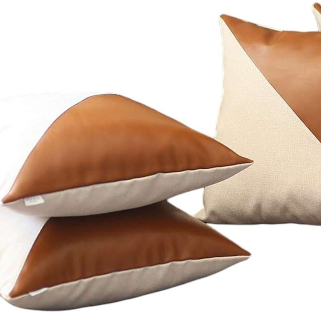Set of Four 18" Brown And Ivory Faux Leather And Fabric Throw Pillow Covers-Accent Throw Pillows-DECOROLALA