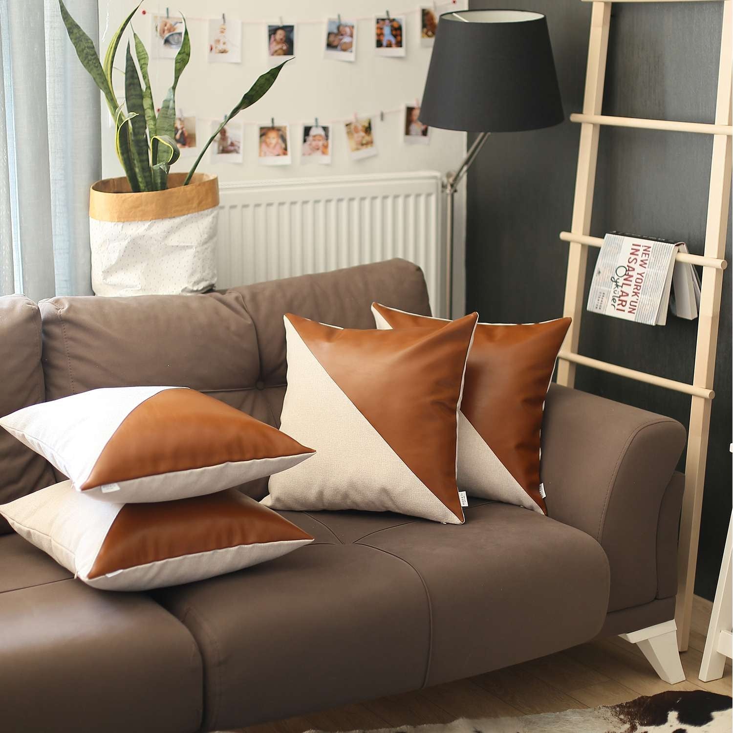 Set of Four 18" Brown And Ivory Faux Leather And Fabric Throw Pillow Covers-Accent Throw Pillows-DECOROLALA