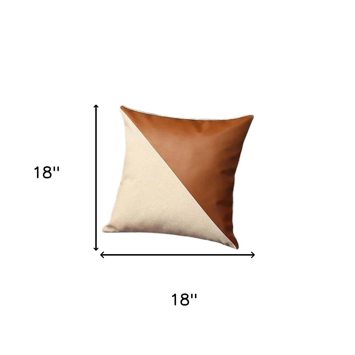 Set of Four 18" Brown And Ivory Faux Leather And Fabric Throw Pillow Covers-Accent Throw Pillows-DECOROLALA