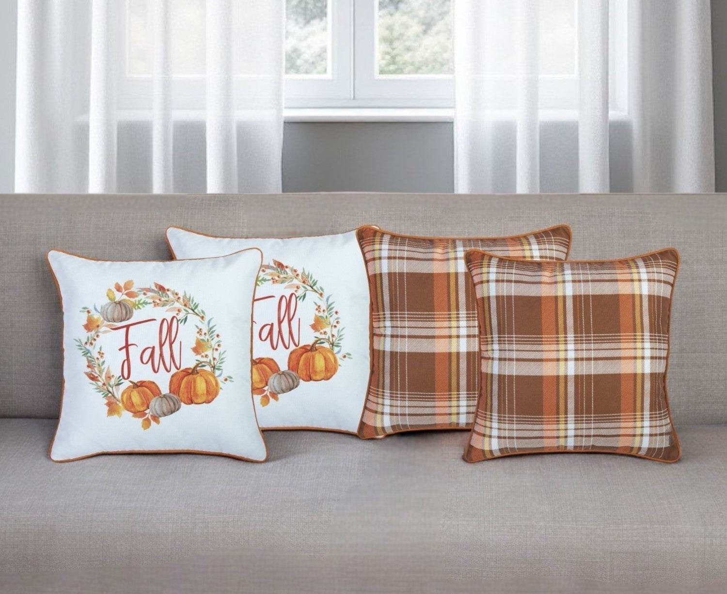 Set of Four 18" Brown Orange And White Fabric Throw Pillow Covers-Accent Throw Pillows-DECOROLALA