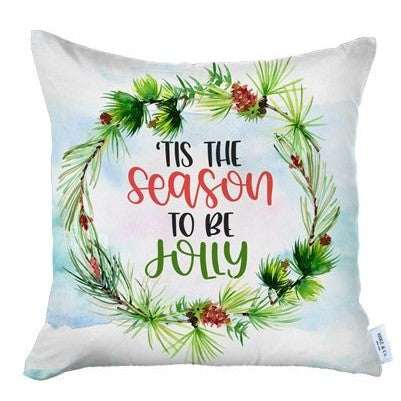 Set of Four 18" Green and White Tis The Season To Be Jolly Christmas Wreath Fabric Throw Pillows-Accent Throw Pillows-DECOROLALA