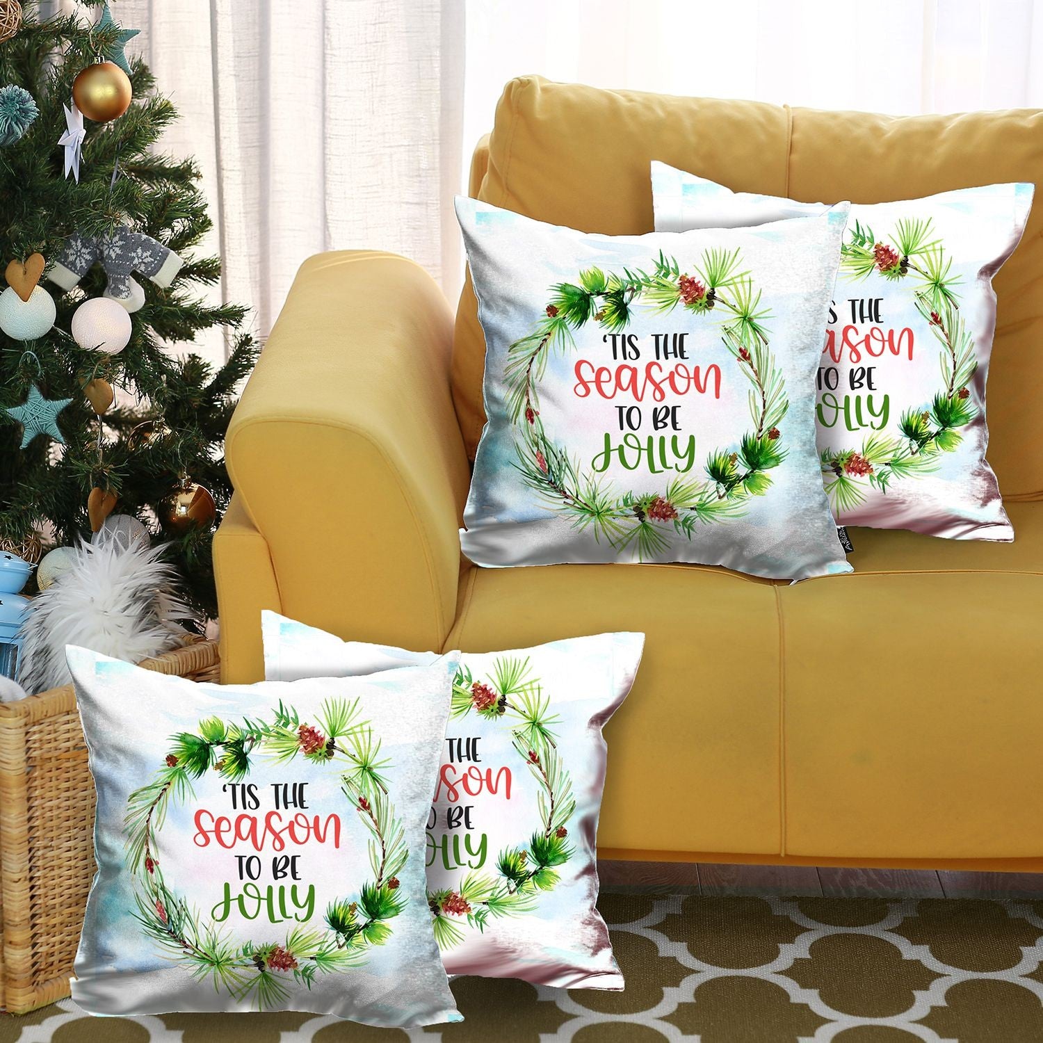 Set of Four 18" Green and White Tis The Season To Be Jolly Christmas Wreath Fabric Throw Pillows-Accent Throw Pillows-DECOROLALA
