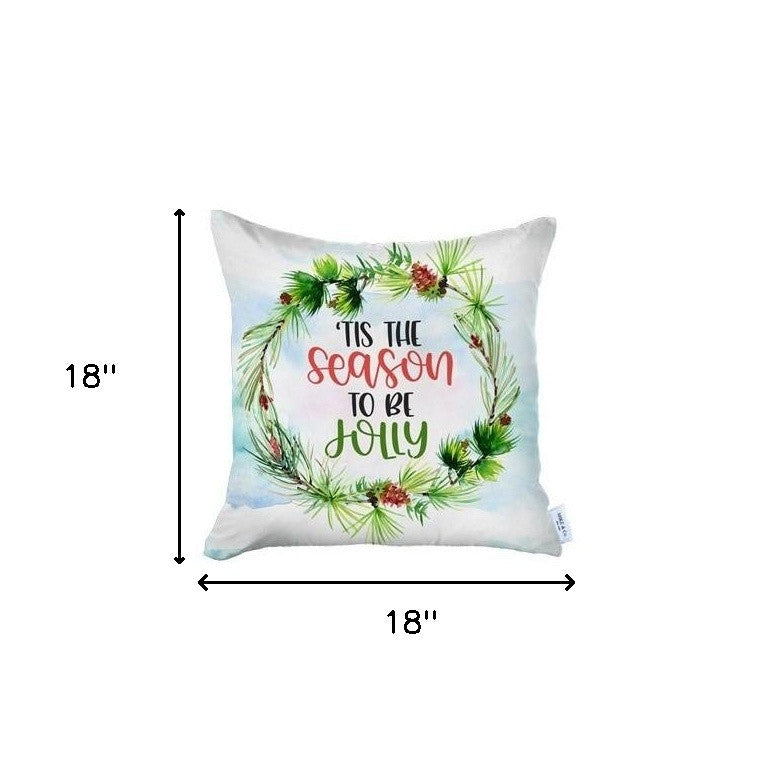 Set of Four 18" Green and White Tis The Season To Be Jolly Christmas Wreath Fabric Throw Pillows-Accent Throw Pillows-DECOROLALA