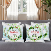 Set of Four 18" Green and White Tis The Season To Be Jolly Christmas Wreath Fabric Throw Pillows-Accent Throw Pillows-DECOROLALA
