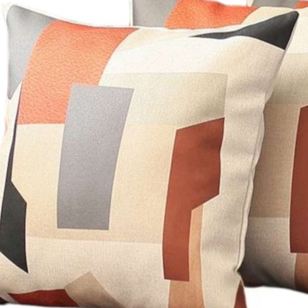 Set of Four 18" Ivory Gray And Orange Abstract Fabric Throw Pillow Covers-Accent Throw Pillows-DECOROLALA