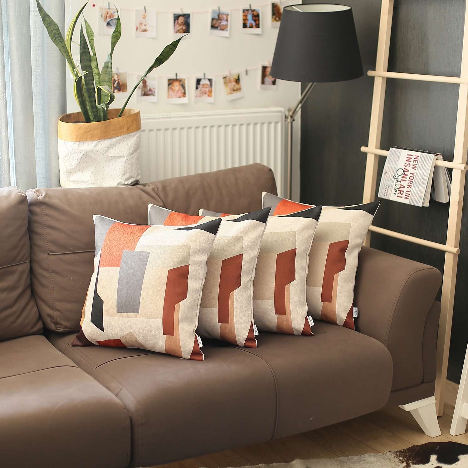 Set of Four 18" Ivory Gray And Orange Abstract Fabric Throw Pillow Covers-Accent Throw Pillows-DECOROLALA