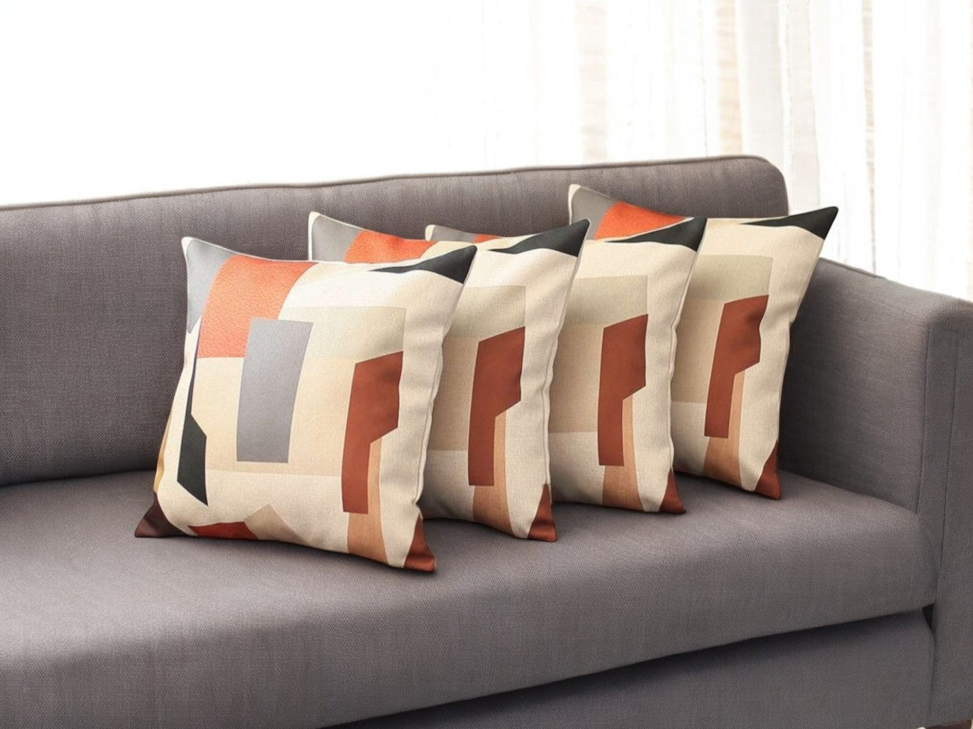 Set of Four 18" Ivory Gray And Orange Abstract Fabric Throw Pillow Covers-Accent Throw Pillows-DECOROLALA