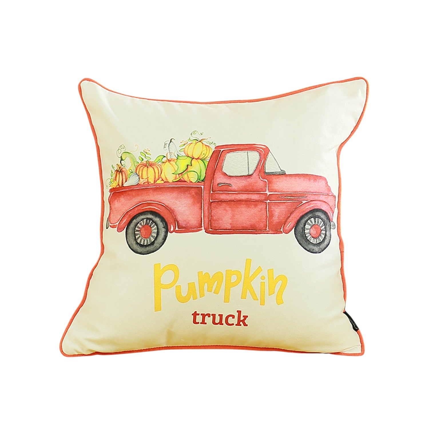 Set of Four 18" Orange Red And White Pumpkin Truck Fabric Throw Pillow Covers-Accent Throw Pillows-DECOROLALA