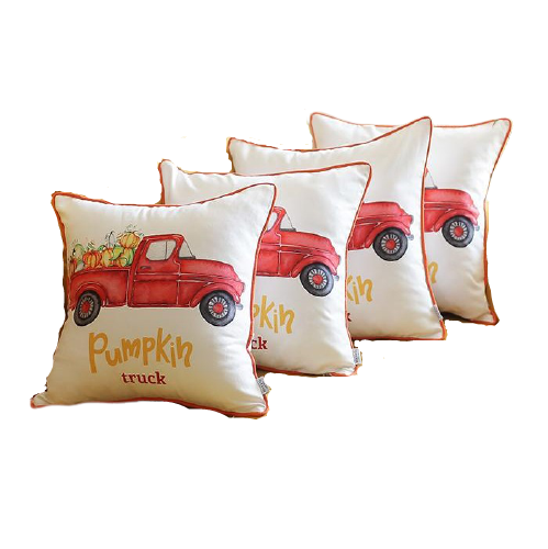 Set of Four 18" Orange Red And White Pumpkin Truck Fabric Throw Pillow Covers-Accent Throw Pillows-DECOROLALA