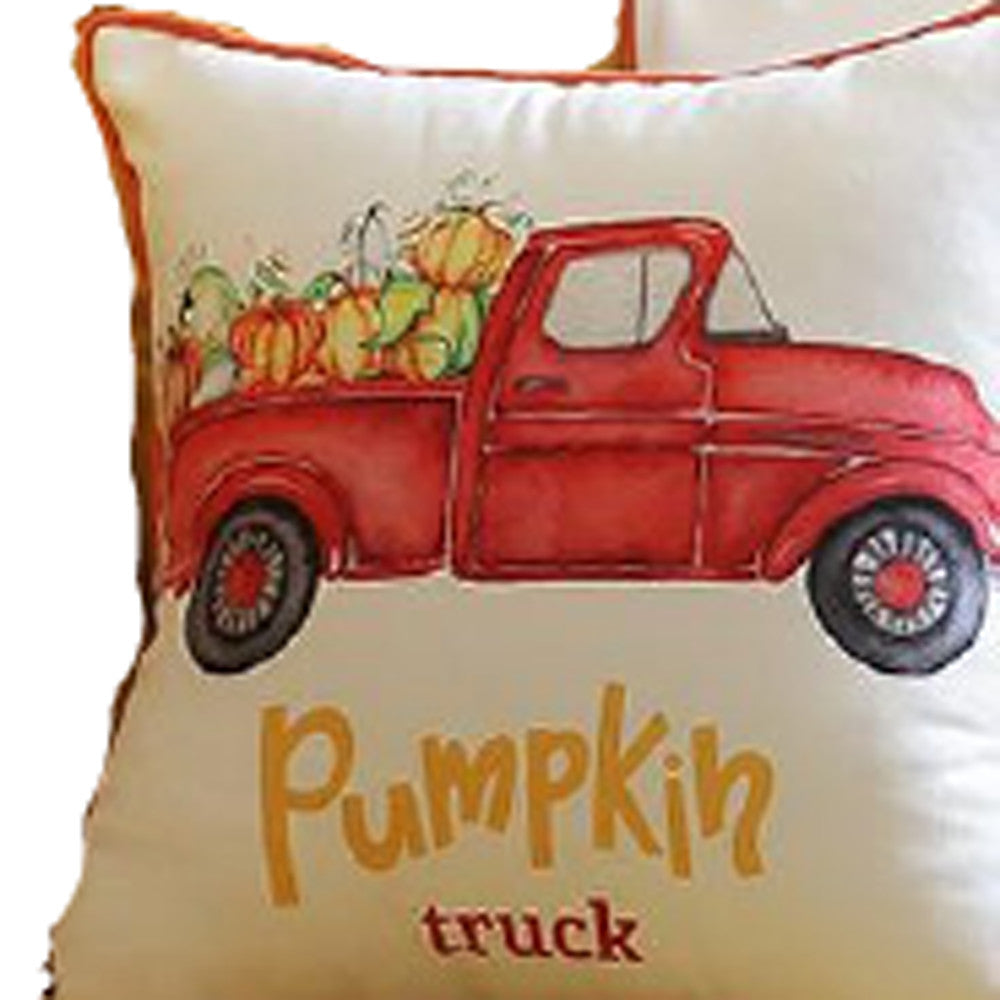Set of Four 18" Orange Red And White Pumpkin Truck Fabric Throw Pillow Covers-Accent Throw Pillows-DECOROLALA