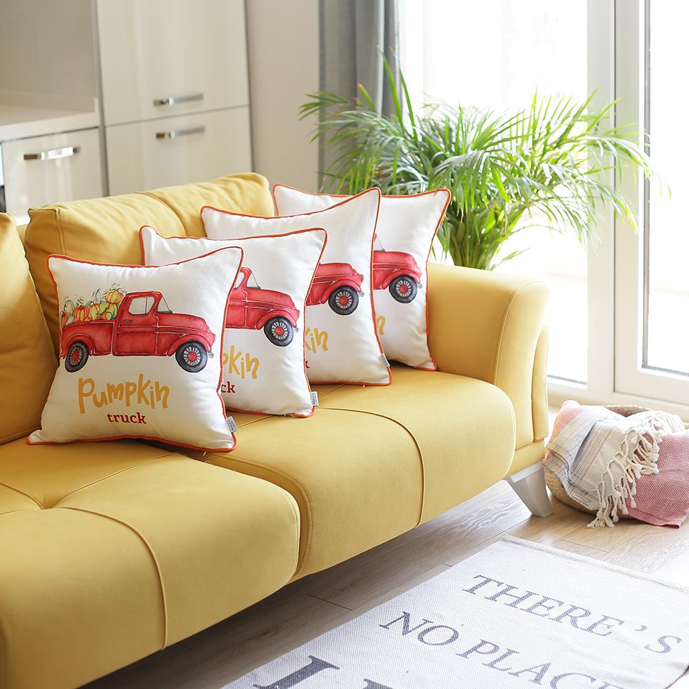 Set of Four 18" Orange Red And White Pumpkin Truck Fabric Throw Pillow Covers-Accent Throw Pillows-DECOROLALA