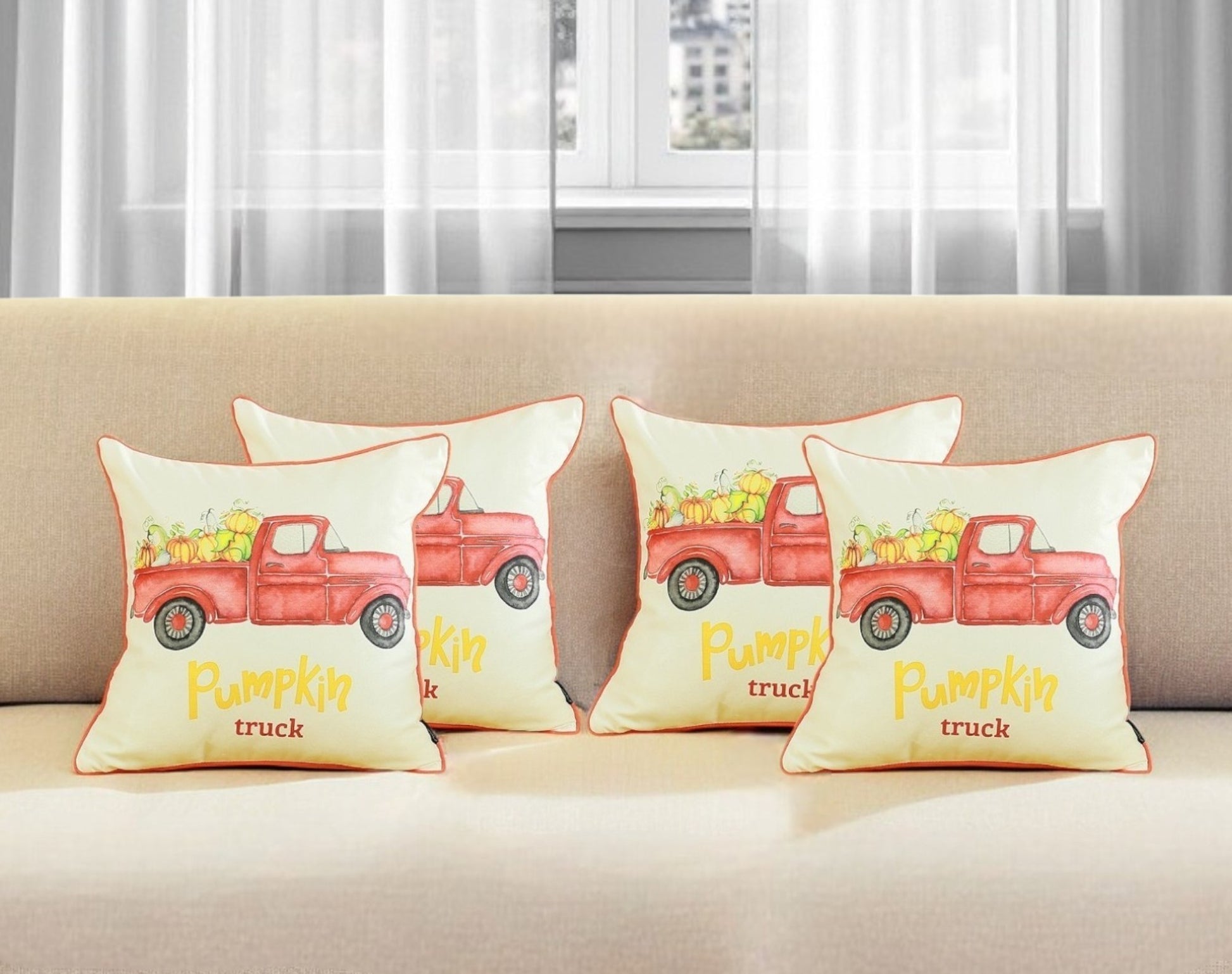 Set of Four 18" Orange Red And White Pumpkin Truck Fabric Throw Pillow Covers-Accent Throw Pillows-DECOROLALA