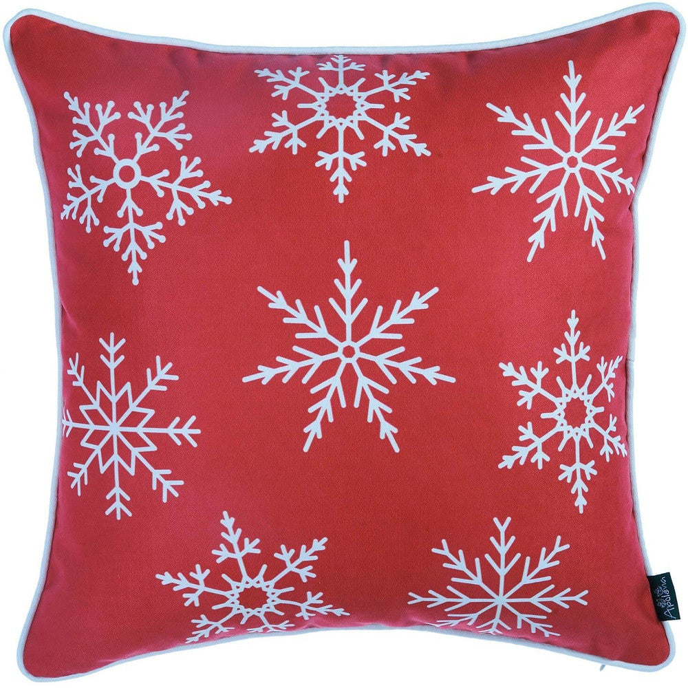 Set of Four 18" Red And White Merry Christmas Christmas Snowflakes Fabric Throw Pillow Covers-Accent Throw Pillows-DECOROLALA