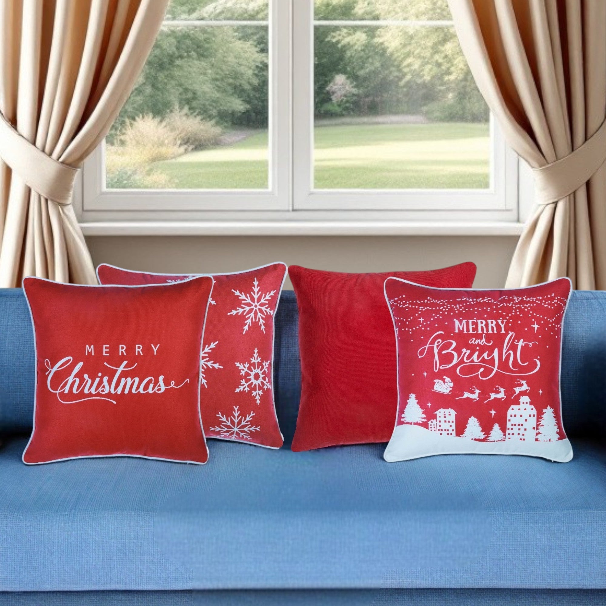 Set of Four 18" Red And White Merry Christmas Christmas Snowflakes Fabric Throw Pillow Covers-Accent Throw Pillows-DECOROLALA