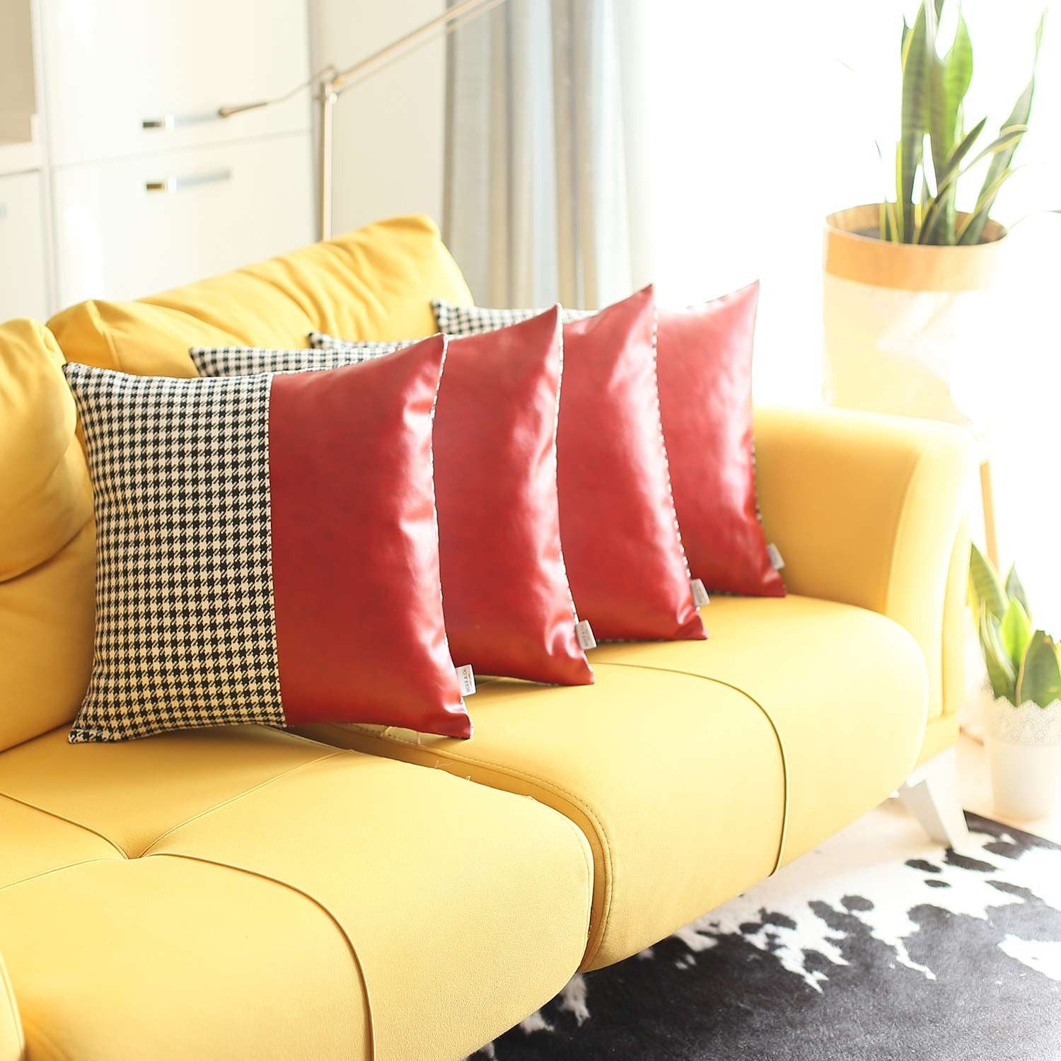 Set of Four 18" Red Faux Leather Throw Pillow Covers-Accent Throw Pillows-DECOROLALA