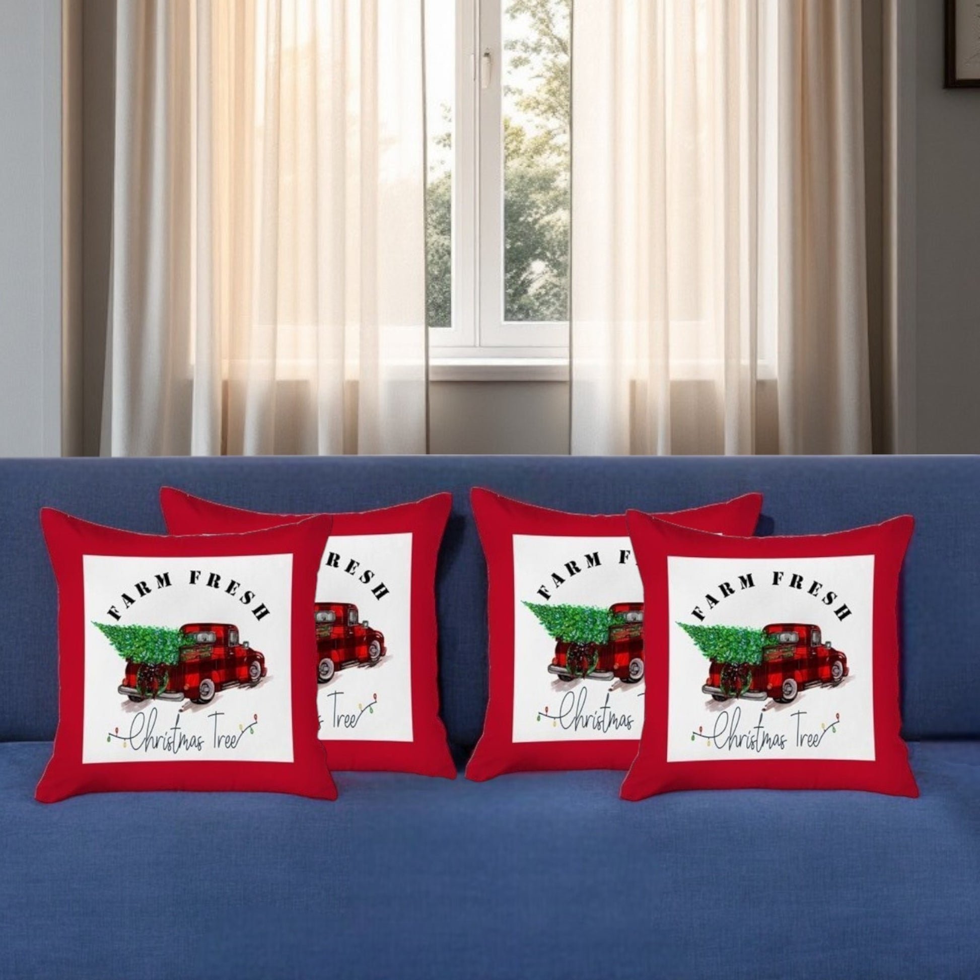 Set of Four 18" Red White and Black Farm Fresh Christmas Tree Christmas Holiday Red Truck Plaid Fabric Throw Pillow Covers-Accent Throw Pillows-DECOROLALA