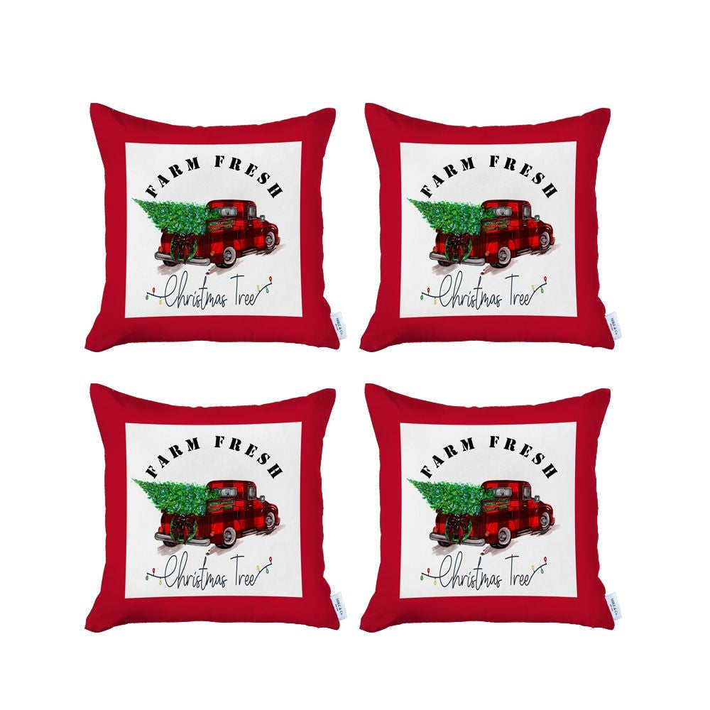 Set of Four 18" Red White and Black Farm Fresh Christmas Tree Christmas Holiday Red Truck Plaid Fabric Throw Pillow Covers-Accent Throw Pillows-DECOROLALA