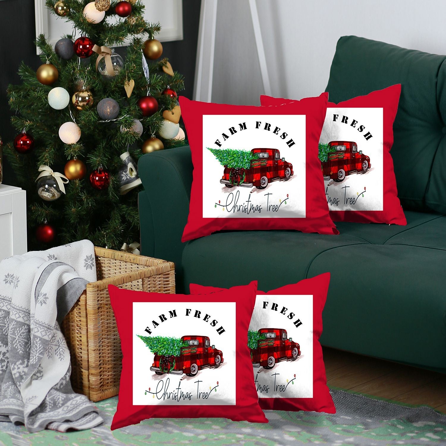 Set of Four 18" Red White and Black Farm Fresh Christmas Tree Christmas Holiday Red Truck Plaid Fabric Throw Pillow Covers-Accent Throw Pillows-DECOROLALA