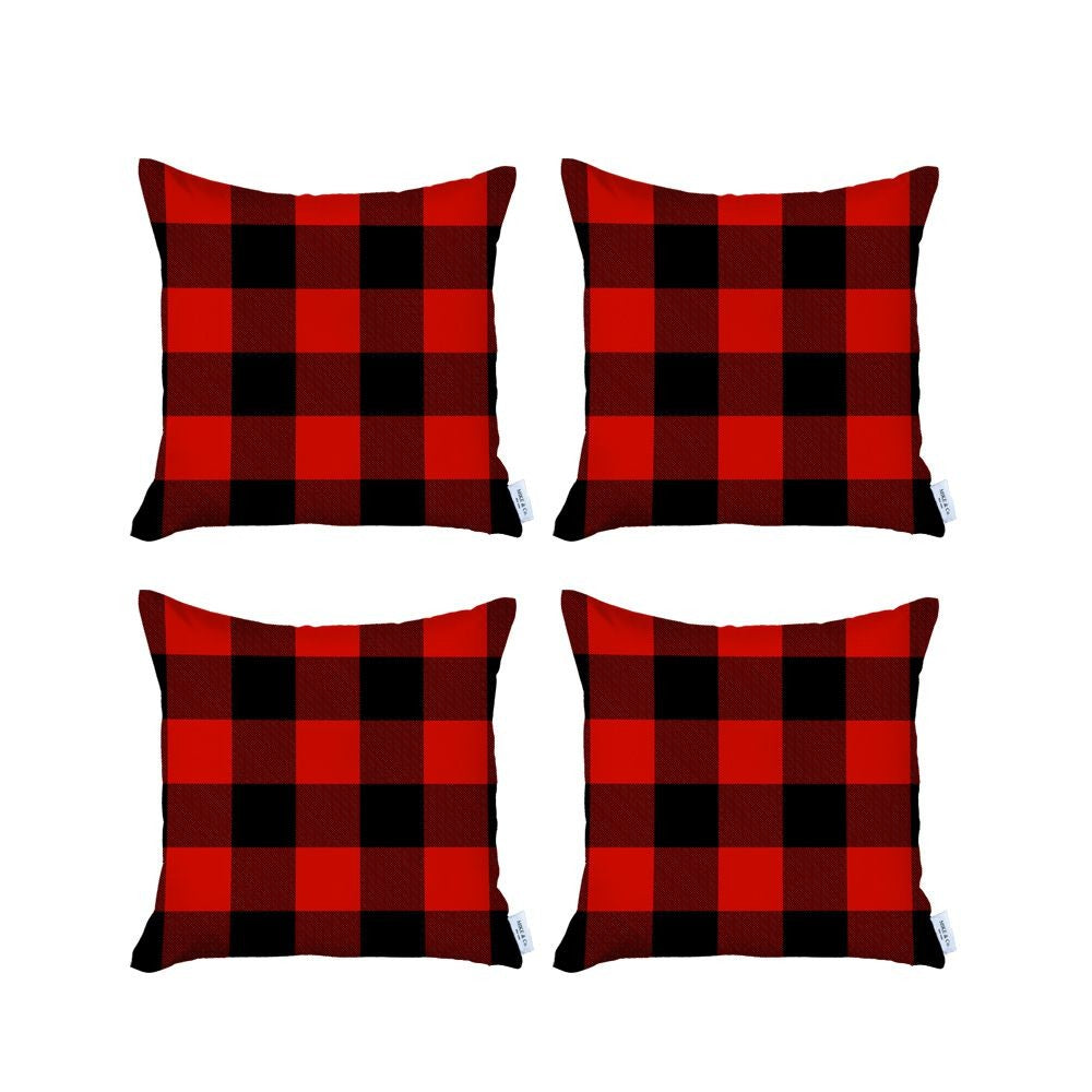 Set of Four 18" Red and Black Plaid Fabric Throw Pillow Covers-Accent Throw Pillows-DECOROLALA