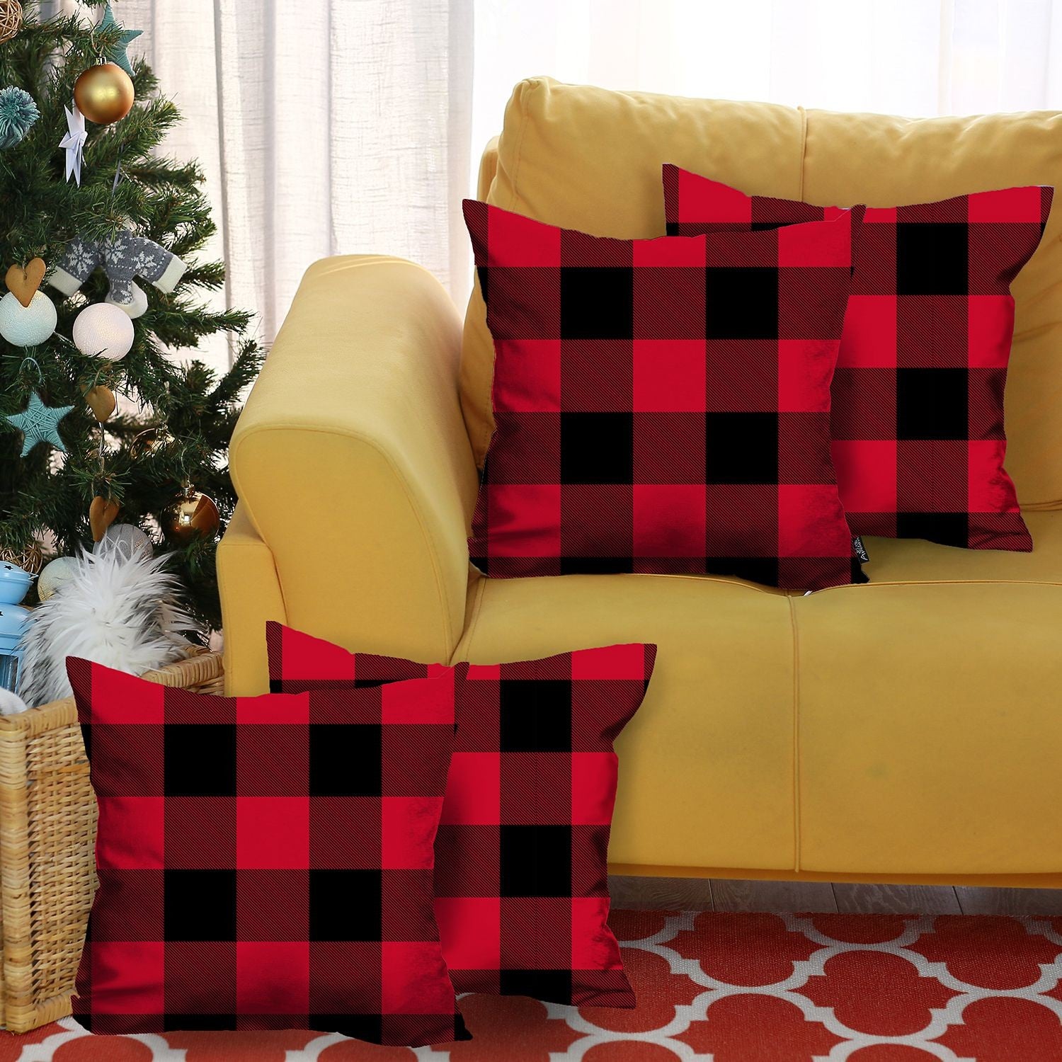 Set of Four 18" Red and Black Plaid Fabric Throw Pillow Covers-Accent Throw Pillows-DECOROLALA