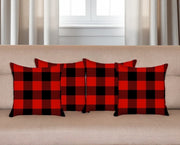 Set of Four 18" Red and Black Plaid Fabric Throw Pillow Covers-Accent Throw Pillows-DECOROLALA