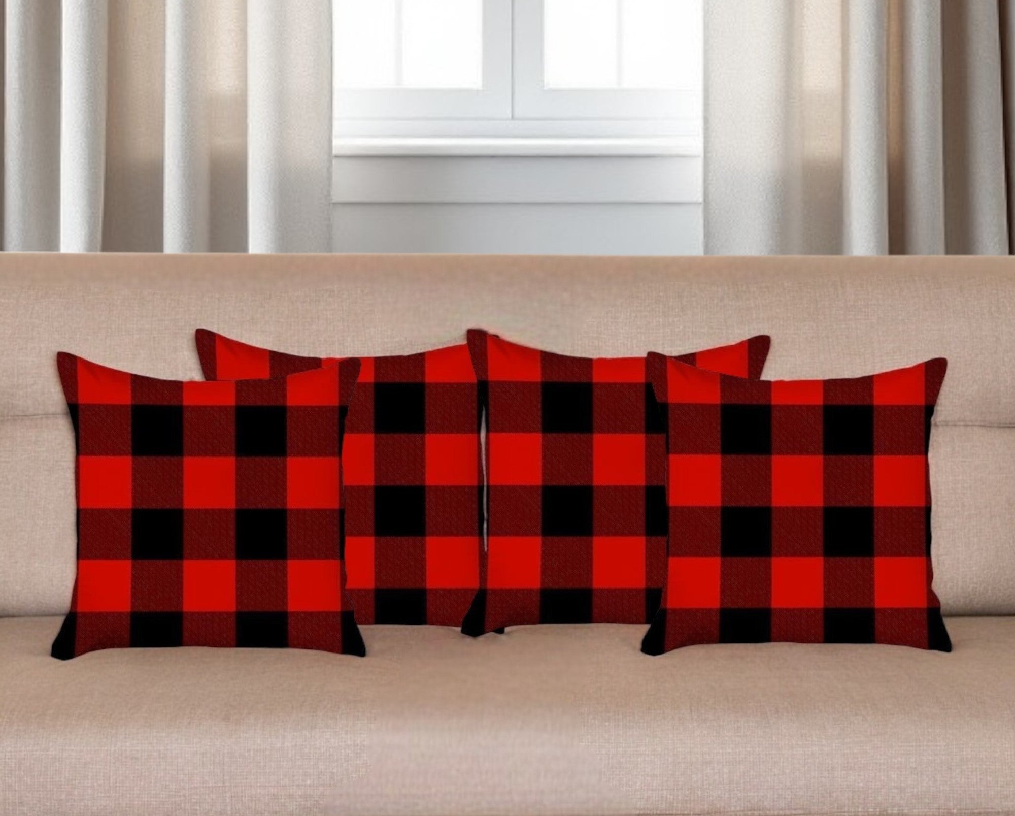 Set of Four 18" Red and Black Plaid Fabric Throw Pillow Covers-Accent Throw Pillows-DECOROLALA