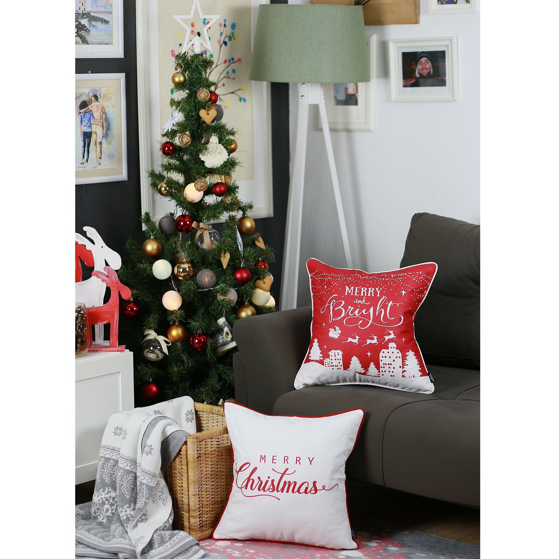 Set of Four 18" Red and White Fabrc Throw Pillow Covers-Accent Throw Pillows-DECOROLALA