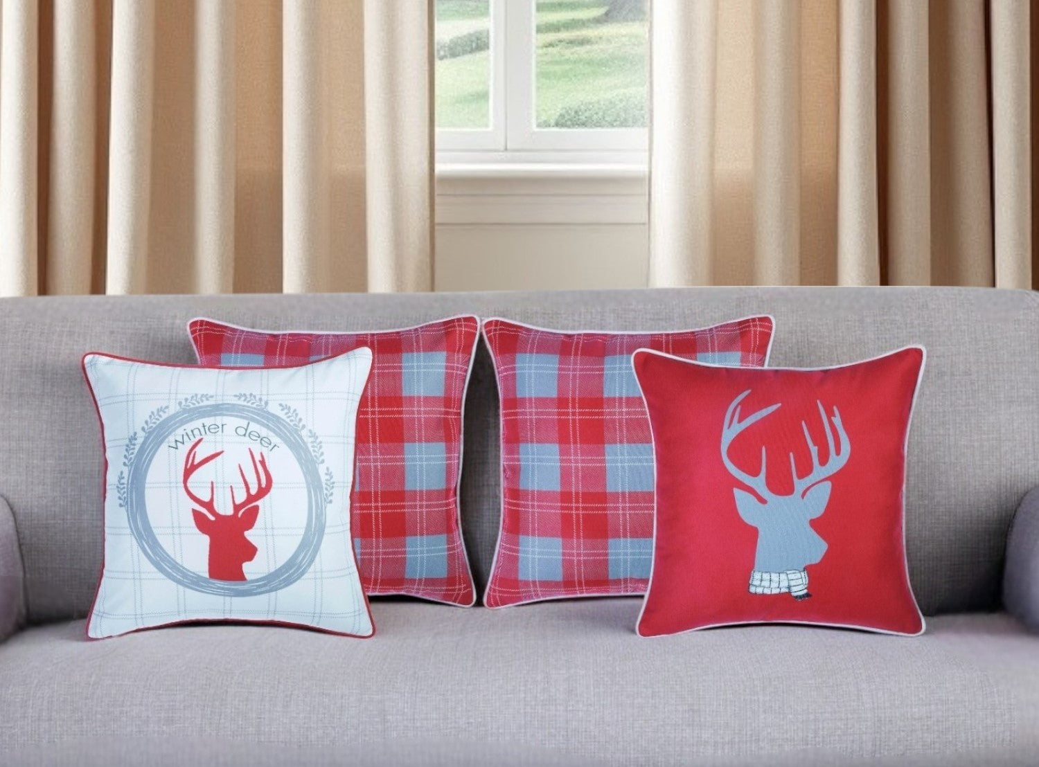 Set of Four 18" Red and White Fabric Throw Pillow Covers-Accent Throw Pillows-DECOROLALA