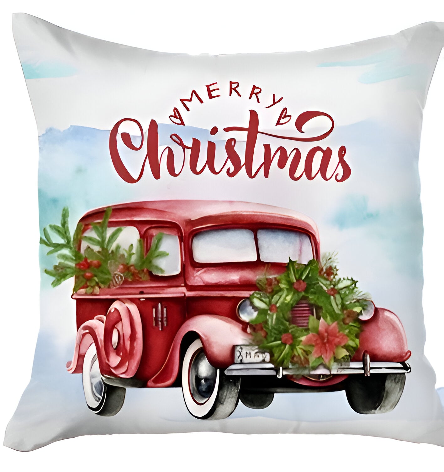 Set of Four 18" Red and White Merry Christmas Holiday Red Truck Fabric Throw Pillows-Accent Throw Pillows-DECOROLALA