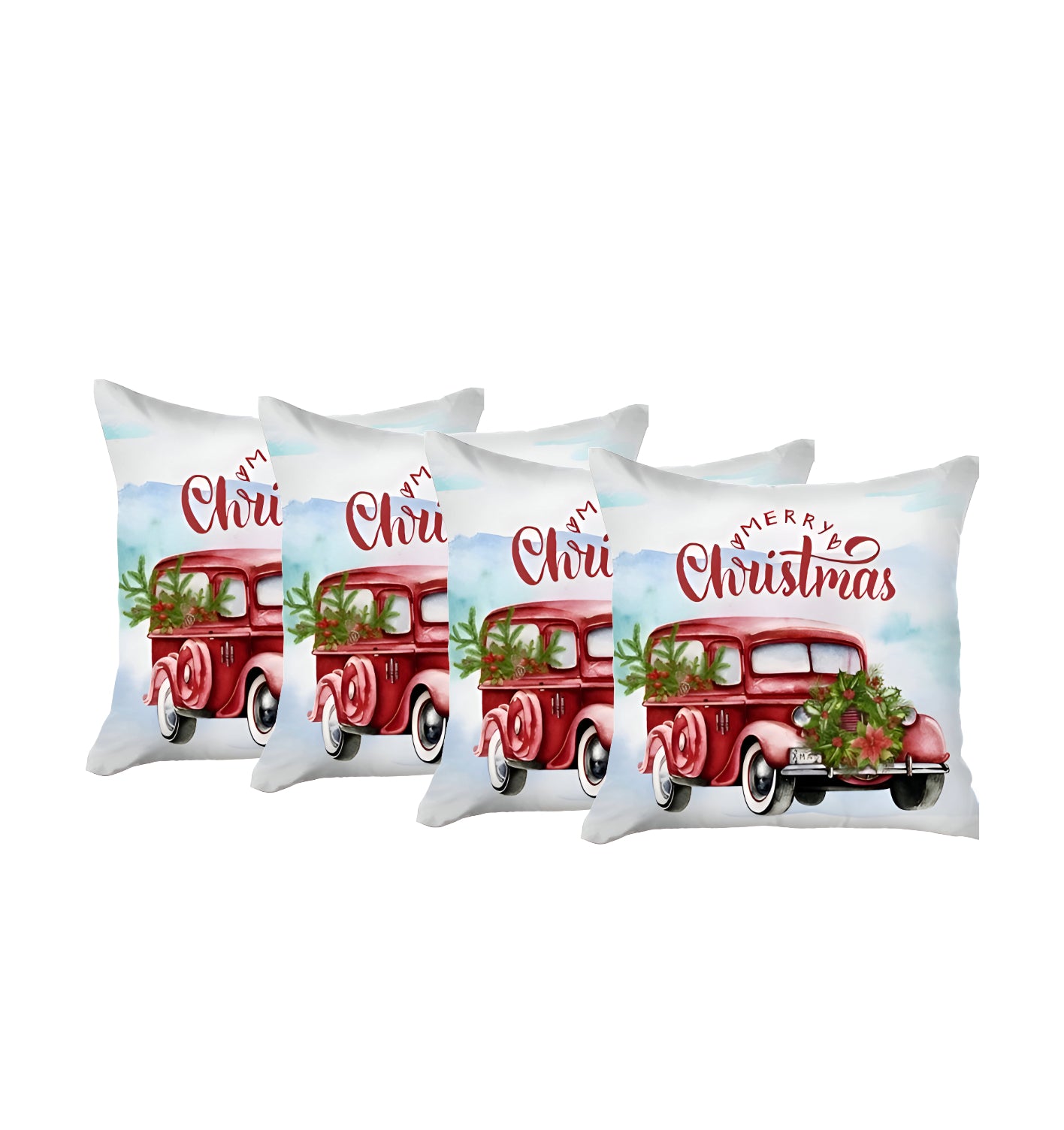 Set of Four 18" Red and White Merry Christmas Holiday Red Truck Fabric Throw Pillows-Accent Throw Pillows-DECOROLALA