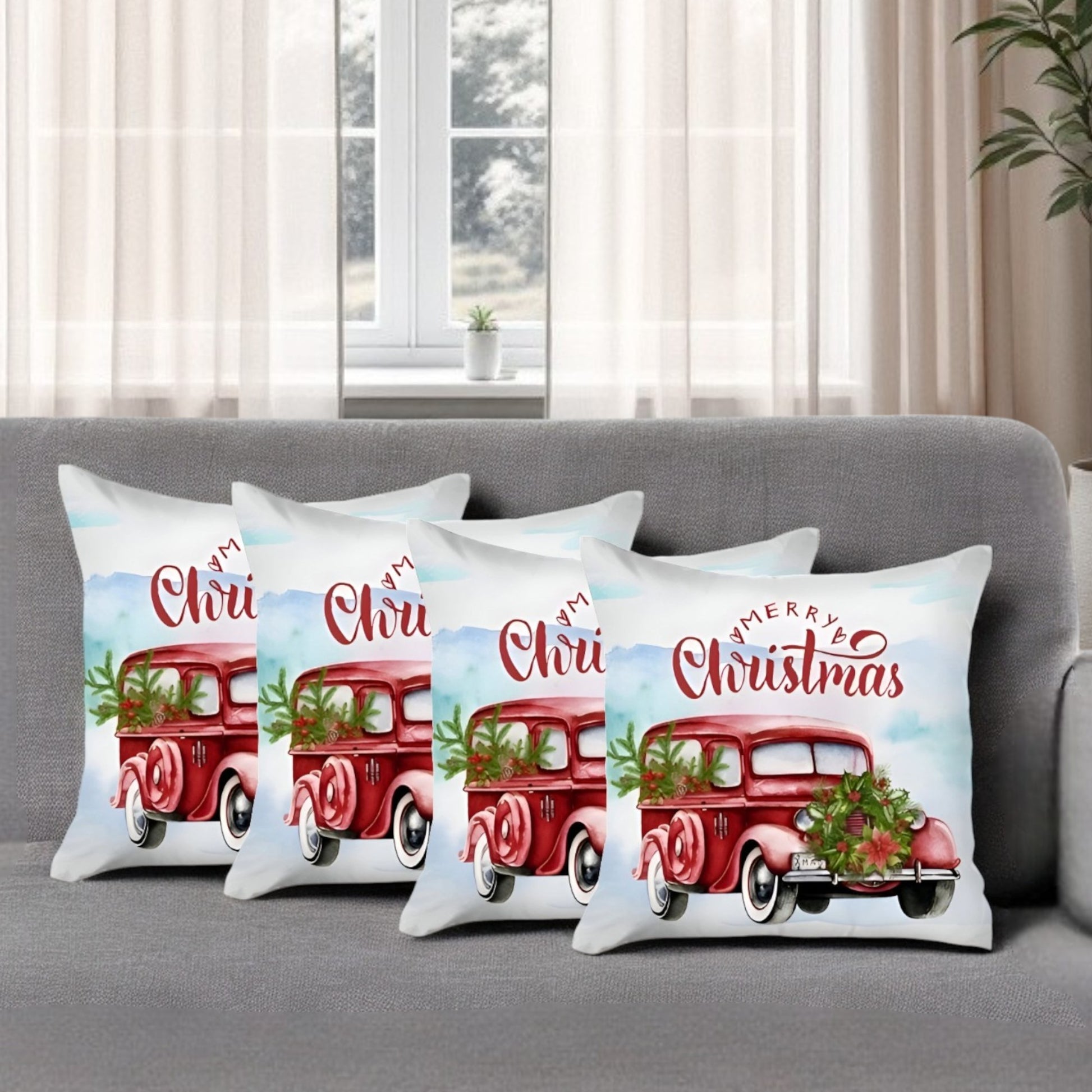 Set of Four 18" Red and White Merry Christmas Holiday Red Truck Fabric Throw Pillows-Accent Throw Pillows-DECOROLALA